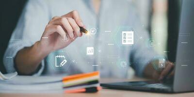 Accountant showing office document auditing concept ,plan review process and assess correctness ,Management of important document storage of organization ,document system ,accountant Audit documents photo