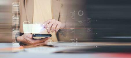 Auditor checking office documents ,Management of important document storage of organization ,ERP document system ,accountant Audit documents , quality assessment  With a checklist ,online database photo