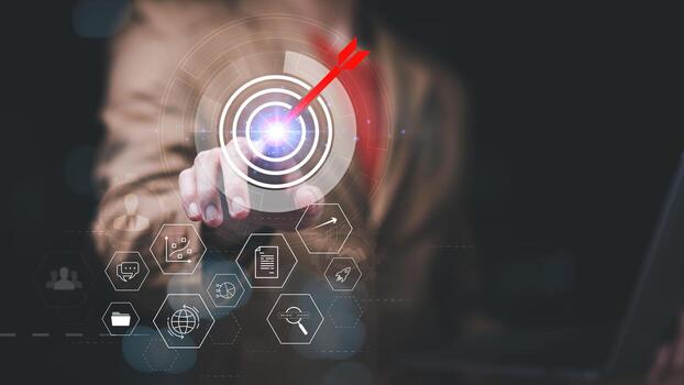 man showing business goal setting concept ,Target Growth development planning ,Organizational growth and objectives ,marketing strategy planning ,improving business objectives ,Target customers photo