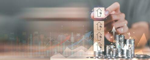 concept of interest rates and dividends ,investment growth percentage and interest on deposits ,Interest rate growth and increase graph ,Retirement returns ,financial analysis and calculations photo