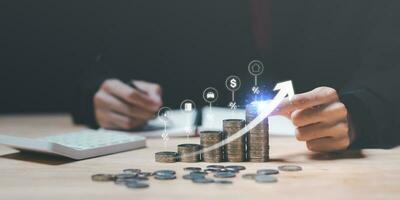 concept of interest rates and dividends ,investment growth percentage and interest on deposits ,Interest rate growth and increase graph ,Retirement returns ,financial analysis and calculations photo