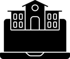 School Building With Laptop Icon In Black And White Color. vector