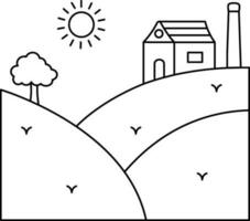 Sun Landscape With House Icon In Thin Line Art. vector