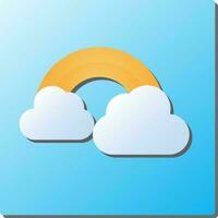 Yellow And White Paper Rainbow Cloud Icon On Blue Square Background. vector