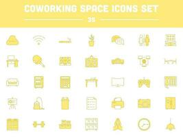 Yellow And White Co Working Space Icon Set In Flat Style. vector