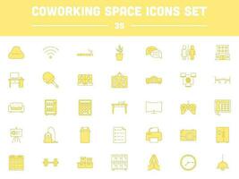 Yellow And White Co Working Space Icon Set In Flat Style. vector