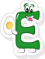 Funny Green E Alphabet Cartoon Character Holding Half Boiled Egg Icon In Sticker Style. vector