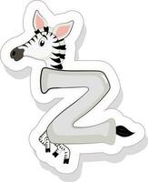 Cute Z Alphabet Cartoon Animal Zebra Icon In Sticker Style. vector