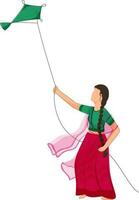 Faceless Beautiful Young Girl Flying Green Kite Over White Background. vector