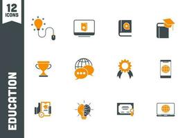 Black and Orange 12 Education Icons on White Background. vector