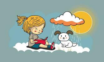 Cute Girl Reading A Book With Cartoon Dog On Sun Behind Rain Cloud Background. vector