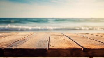 Empty Wooden table blurred background photo