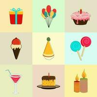 Set of nine birthday objects icons on colorful background. vector