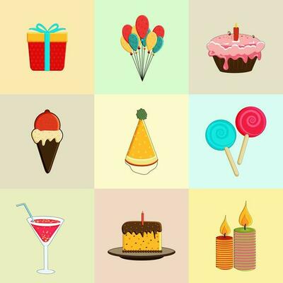 Set of nine birthday objects icons on colorful background.