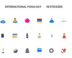 vistoso pegatina de internacional yoga día 18 icono conjunto en plano estilo. vector