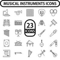 negro línea Arte conjunto de musical instrumentos icono en plano estilo. vector