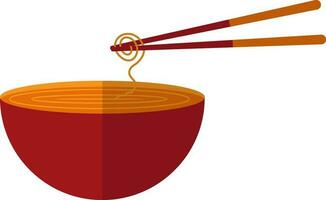 Orange noodle in red bowl with chopstick. vector