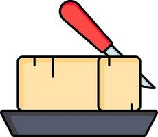 Knife cutting cheese block on plate icon in flat style. vector