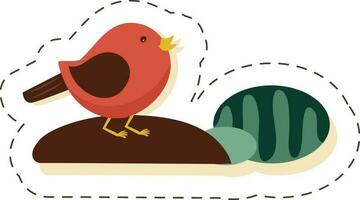 Red Bird Sitting On Mound In Sticker Style. vector