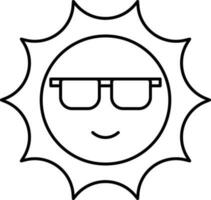 Cartoon Sun Wearing Eyeglasses In Line Art. vector