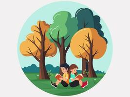 Character of Boy And Girl Sitting Back To Each Other While Reading Book On Beautiful Nature Background. vector