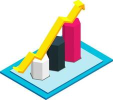 3D isometric bar graph icon with growth arrow. vector