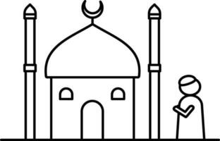 Mosque With Man Icon In Black Line Art. vector