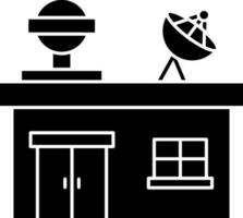 edificio con satélite plato icono en negro y blanco color. vector