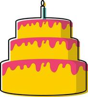 Lit Candle On Delicious Cake Element In Pink And Yellow Color. vector