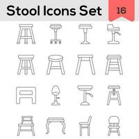 Set Of Stool And Chair Icon In Black Line Art. vector