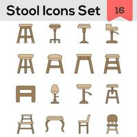 Set Of Stool And Chair Icon In Brown Color. vector