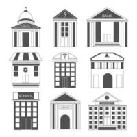 Set of nine icons for house and buildings on white background. vector