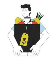 Unhappy young man flat line color vector character. Editable outline half body man with expensive vegetables in package on white. Shopping simple cartoon spot illustration for web graphic design