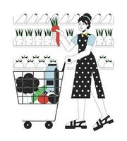 Woman buy vegetables flat line concept vector spot illustration. Lady with full shopping cart 2D cartoon outline character on white for web UI design. Shopping editable isolated colorful hero image