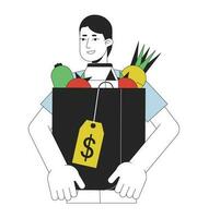 Man holds packet with goods flat line color vector character. Editable outline half body man with expensive purchases on white. Shopping simple cartoon spot illustration for web graphic design