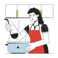 Woman cooking at home flat line concept vector spot illustration. Food preparation 2D cartoon outline character on white for web UI design. Kitchen appliance editable isolated colorful hero image