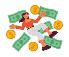 Happy woman among money 2D vector isolated spot illustration. Business investition flat lying investing character on white background. Businesswoman colorful editable scene