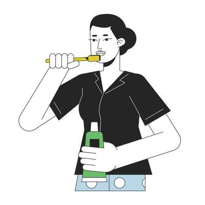 Woman brush teeth flat line color vector character. Editable outline half body woman taking care of teeth on white. Self care simple cartoon spot illustration for web graphic design