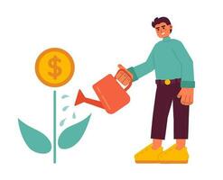 Man watering money plant 2D vector isolated spot illustration. Businessman grows up investition flat on white background. Investing character colorful editable scene