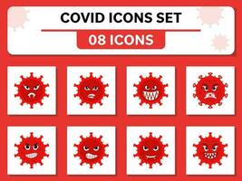 Covid Virus Cartoon Icon Set On White And Red Square Background. vector