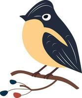 Tit Bird Sitting On Floral Branch Icon In Flat Style. vector
