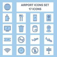 17 Airport Flat Icon Set On White And Blue Square Background. vector