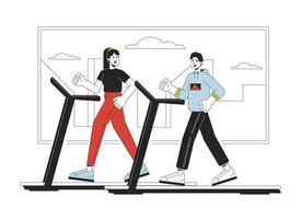 personas en rueda de andar plano línea concepto vector Mancha ilustración. deportistas en gimnasio 2d dibujos animados contorno caracteres en blanco para web ui diseño. sano estilo de vida editable aislado vistoso héroe imagen