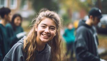 un multi étnico grupo de joven adultos sonriente en naturaleza generado por ai foto