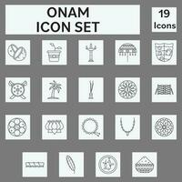 Black Linear Style Onam 19 Festival Icon Or Symbol Set. vector