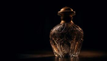 Old fashioned whiskey bottle reflects elegance and luxury on black background generated by AI photo