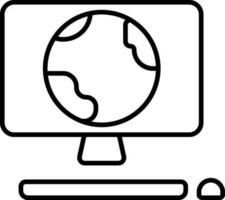 Black outline Earth globe in monitor screen with keyboard and mouse icon. vector