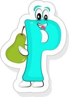 Blue P Alphabet Cartoon Holding Pear Icon In Sticker Style. vector