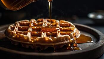 A stack of homemade pancakes with syrup pouring over it generated by AI photo