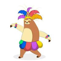 Cartoon Sloth Bear Wearing Headdress With Feathers In Walking Pose. vector